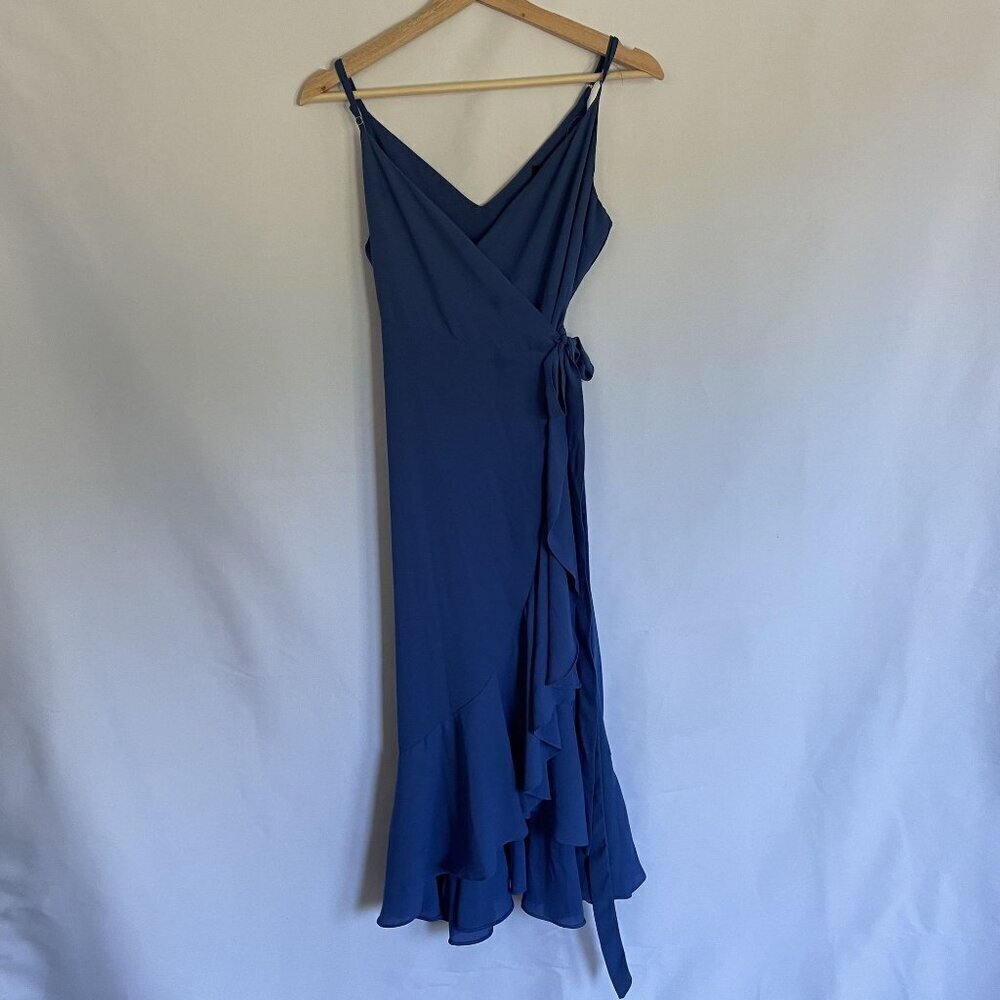 Lulus blue wraparound spaghetti strap flowy summer dress elegant style dramatic